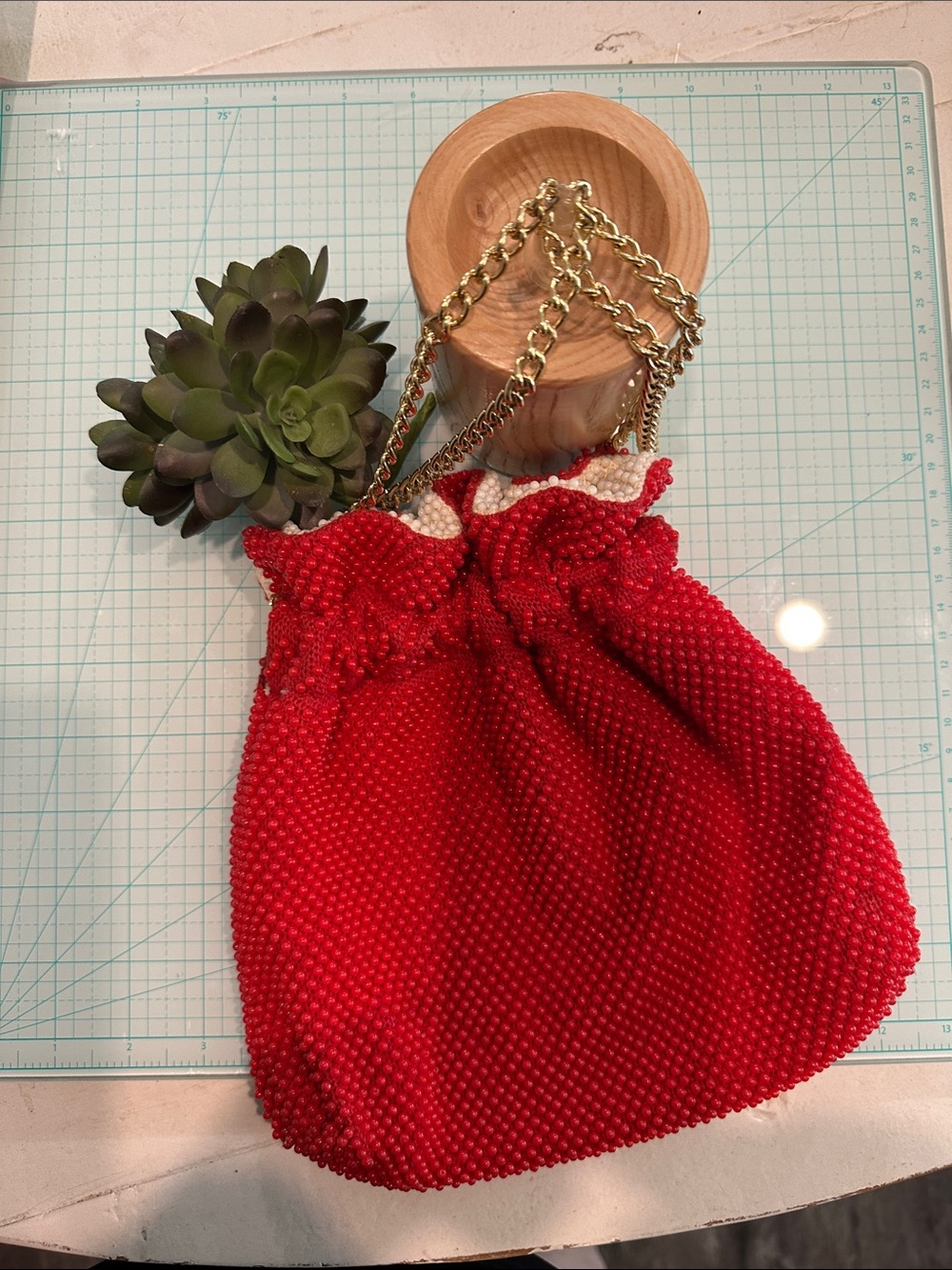 Vintage Reversible Red & White Beaded Hand Bag with Gold Chain Handles